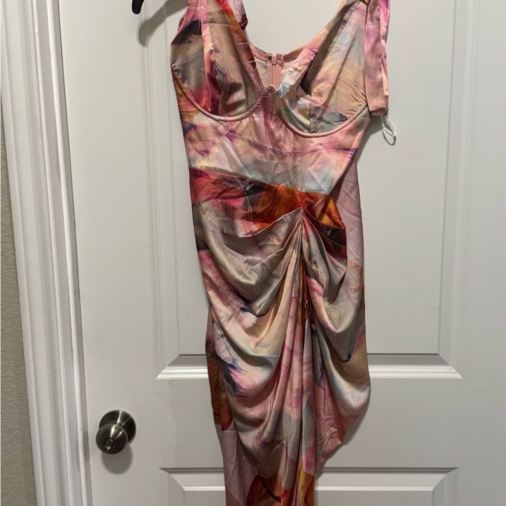 SHEIN BAE  Solid Color Summer Elegant Satin Pleated Detail Strappy Midi Dress
